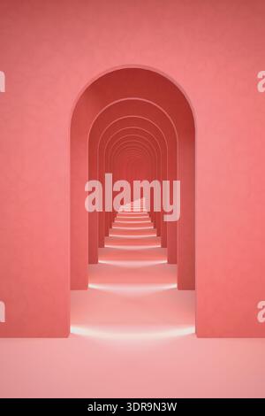 Rendu 3D surréaliste rose abstrait. Arch couloir fond rose pastel Banque D'Images
