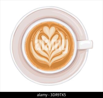 Cappuccino tasse à café vue de dessus illustration de dessin animé vectoriel. Boisson italienne avec mousse en forme de coeur pour le menu et le modèle de café méditerranéen. Dessin de boisson isolé parfait pour graphique de conception alimentaire. Illustration de Vecteur