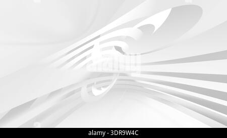 Composition abstraite blanche minimaliste avec des rubans fluides et des lignes architecturales courbes, créant un sens léger et aéré du mouvement, de la profondeur et du rythme Banque D'Images