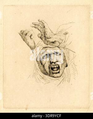 Cette gravure datant des environs de 1770-1779 par John Beckett représente la tête d'un pécheur du dernier jugement de Michel-Ange. La figure est représentée gémissant, bouche ouverte, poing droit serré, main gauche au front, tentant l'auto-conservation. La preuve non lettrée met l'accent sur l'expression dramatique, l'anatomie et les détails émotionnels. L'œuvre démontre l'estampe reproductrice du XVIIIe siècle, l'étude artistique de chefs-d'œuvre de la Renaissance et la documentation visuelle de l'émotion humaine et de la technique de composition de Michel-Ange. Banque D'Images
