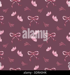 Papillons et arcs Seamless Pattern sur fond de Bourgogne Banque D'Images