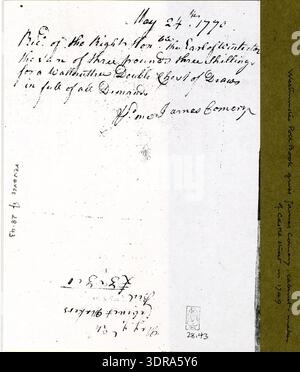 Cette carte commerciale de 1770 représente James Comery, un ébéniste au Golden Eagle, Castle Street, derrière long Acre, Londres. La gravure représente un aigle tenant une feuille dans son bec, les ailes déployées, la tête tournée vers la gauche, symbolisant l'atelier de l'ébéniste. Une facture manuscrite datée du 24 mai 1770 figure au verso. La carte fonctionne à la fois comme publicité et affichage artistique, démontrant les outils professionnels, le savoir-faire et l'identité commerciale d'un ébéniste londonien du XVIIIe siècle. Banque D'Images
