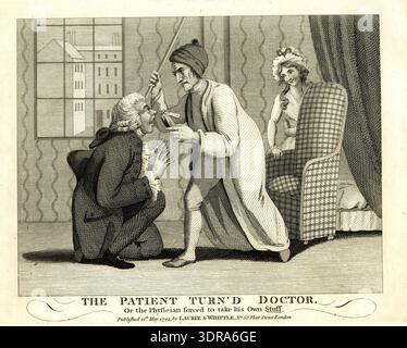 Cette gravure de 1794 représente une scène satirique d'un médecin forcé de prendre ses propres médicaments. Le médecin s'agenouille de profil, regardant un patient debout au-dessus de lui avec un flacon de médicament dans une main et une canne relevée dans l'autre. Une jeune femme se tient derrière elle tenant une autre bouteille, un lit rideau est visible et des maisons apparaissent à travers une fenêtre. La composition met l'accent sur la posture de la figure, le geste, l'expression, l'intérieur domestique, les objets médicaux, et les techniques de gravure de la fin du xviiie siècle. Banque D'Images