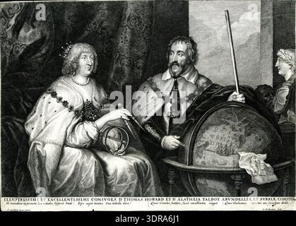 Thomas Howard, comte d'Arundel, et Alathea Talbot, comtesse d'Arundel, sont représentés dans cette gravure de Lucas Vorsterman Ier d'après Anthony van Dyck, vers 1640-1650. Le comte est assis à droite, derrière un globe, portant le collier de l'ordre de la jarretière, tenant une matraque, pointant vers Madagascar. La comtesse est assise à gauche, portant une diadème et une robe d'hermine, tenant des étriers. Le portrait montre la gravure flamande du milieu du XVIIe siècle, les détails du costume, l'équilibre de composition, les objets symboliques et la représentation aristocratique. Banque D'Images