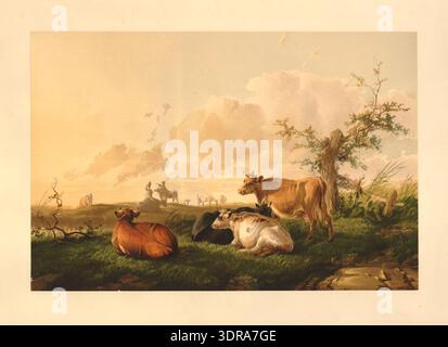 Une chromolithographie d'après Thomas Sidney Cooper, vers 1845-69, montre du bétail se reposant à la lumière du soleil dans un champ. Un fermier et une laitière approchent les animaux. L'impression reproduit une peinture de Cooper et est collée sur du carton avec une étiquette au verso. La scène met l'accent sur la pratique agricole, l'élevage, la vie rurale et le paysage pastoral au milieu du XIXe siècle en Angleterre, mettant en évidence l'interaction homme-animal et les méthodes traditionnelles de traite. Banque D'Images
