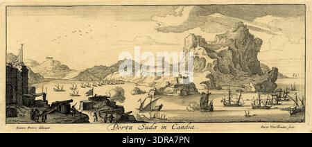 Cette gravure d'environ 1665 représente le port de Souda avec une scène de bataille. Les soldats dans un fort au premier plan gauche tirent des canons sur une flotte de navires avançant vers la droite. L'île de Souda apparaît au milieu du terrain, et d'autres navires sont visibles sur la gauche. Les montagnes s'élèvent en arrière-plan. Le travail met l'accent sur l'action militaire, les navires navals, les fortifications, la topographie, la composition, techniques de gravure du XVIIe siècle illustrant les positions stratégiques, l'engagement maritime et le contexte paysager à Candia. Banque D'Images