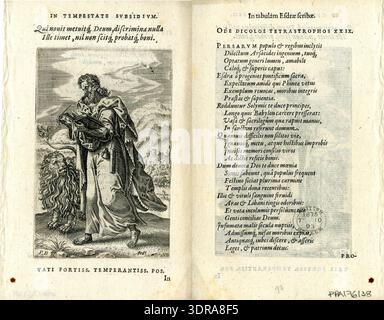 Gravure datée de 1571 d'après Pieter van der Borcht et réalisée par Abraham de Bruyn, illustrant Daniel debout au centre vêtu d'un manteau drapé et marchant vers la gauche tout en tenant un livre et une plume. Une bouteille d'encre et un porte-stylo pendent de sa ceinture, et un lion apparaît à gauche avec des collines en arrière-plan. L’impression comprend un texte typographique et a été publiée dans Humanae Salutis Monumenta de Montano publié à Anvers, combinant récit biblique avec ligne gravée détaillée. Banque D'Images