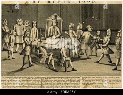 Cette gravure de 1752 satirit la Robin des bois Society, un club de débat hebdomadaire, et son président Caleb Jeacocke. L'estampe représente des personnages habillés du milieu du XVIIIe siècle, mettant l'accent sur les gestes, les expressions et l'interaction sociale dans un contexte de débat. Il reflète les conventions anglaises de gravure satirique, y compris le travail au trait détaillé, la composition et les techniques de caricature, capturant des commentaires sociaux sur les clubs et les rassemblements intellectuels de l'époque. Banque D'Images