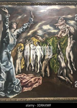 Cette peinture est 'L'ouverture du Cinquième sceau' par El Greco, créée entre 1608 et 1614. Logée au Metropolitan Museum of Art de New York, l'œuvre illustre une composition dramatique, des figures allongées, des couleurs éclatantes et des thèmes religieux caractéristiques du style El Greco. Il a été exposé à l'exposition Greco au Grand Palais, Paris, du 16 octobre 2019 au 10 février 2020. Banque D'Images