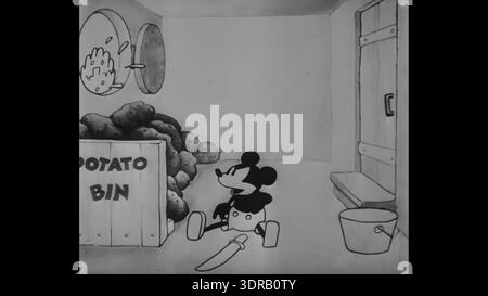 Ce cadre de 'Steamboat Willie' (1928) représente Mickey Mouse exécutant des actions sur un bateau à vapeur dans un court métrage animé en noir et blanc de Walt Disney et Ub Iwerks. Le court-métrage présente de la musique synchronisée, des effets sonores, de l'humour slapstick et des interactions avec d'autres personnages et animaux. Mickey utilise des accessoires tels que des cordes, des sifflets et de l'équipement de navire. Sorti le 18 novembre 1928, il démontre les premières techniques d'animation Disney, de mouvement des personnages et de narration visuelle. Banque D'Images