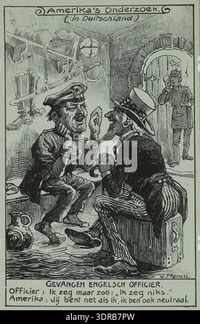 Une caricature de propagande néerlandaise de 1914-1917 sur la première Guerre mondiale illustre le traitement des prisonniers de guerre en Allemagne. Le dessin montre un officier anglais interrogé par l'oncle Sam, représentant l'Amérique, avec un garde allemand écoutant en arrière-plan. Le texte met l'accent sur la neutralité et l'observation diplomatique. La carte postale communique le sentiment européen de guerre, des images de propagande, le traitement des prisonniers de guerre et des commentaires politiques à travers l'art visuel et des illustrations européennes du début du XXe siècle. Banque D'Images