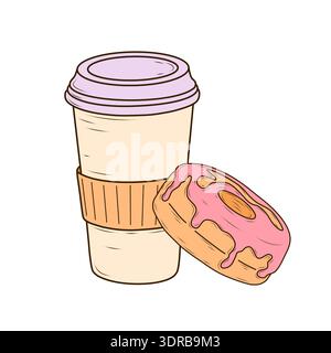 Tasse à café en papier avec couvercle et beignet glacé rose. Style vectoriel dessiné à la main avec des lignes épurées et des couleurs douces. Ensemble de boissons et pâtisseries à emporter pour le café Illustration de Vecteur