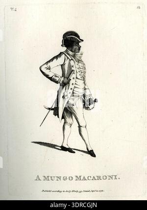 Cette gravure de 1772 montre un homme d'ascendance africaine habillé en macaroni marchant de profil vers la droite. Il tient une canne dans sa main droite, et sa main gauche repose sur la poignée d'une courte épée courbée ou d'un sabre avec une poignée ornementale reflétant la mode macaroni. L'estampe illustre la mode britannique du XVIIIe siècle, la satire sociale, l'expression culturelle, la vie urbaine et l'humour visuel lié au phénomène des macaronis. Banque D'Images