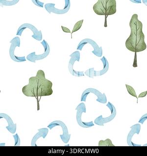 Modèle sans couture de la Journée internationale de la Terre nourricière. Conception écologique avec icône de recyclage, arbres et feuilles. Aquarelle illustration dessinée à la main pour Banque D'Images
