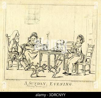 Cette gravure de 1772 de James Bretherton, d'après Henry William Bunbury, représente une scène familiale de malaise domestique. Un homme âgé dort dans un fauteuil à dossier haut, sa femme à proximité, un garçon penché sur un livre. Une femme d'âge moyen est assise debout. Au premier plan, un chien et un chat se battent. La chambre comprend une bougie de gouttière, une fenêtre et une porte. La composition, la posture, les vêtements, les objets domestiques et le comportement des animaux sont représentés avec une technique de gravure, illustrant la vie familiale et les détails intérieurs du XVIIIe siècle. Banque D'Images