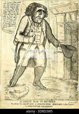 Cette gravure de 1793 de William dent, publiée par James Aitken, représente Fox, un mendiant aux pieds nus, marchant devant la taverne '[Crown] & Anchor' tenant son chapeau. Une pancarte sur sa poitrine dit : « priez pitié de la pauvre Galilcan défaite par les Affaires françaises. » Il tient un bâton dans sa main droite et pleure, racontant les malheurs en mer, dans les ports étrangers, et la perte de son équipage. L'estampe montre la gravure anglaise de la fin du XVIIIe siècle, la composition narrative, l'étude de figures, le commentaire social, le détail du costume, et geste expressif. Banque D'Images