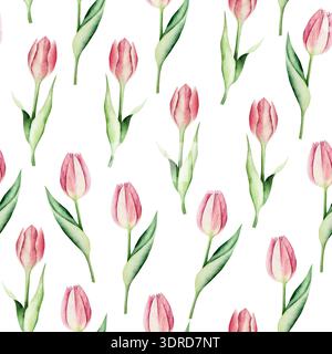 Motif sans couture de fleurs de tulipe rose printemps. Aquarelle pâques illustration dessinée à la main isolé sur fond, png transparent. Botanique et mariage Banque D'Images