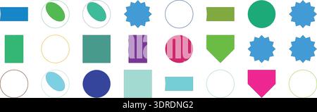 Formes géométriques vibrantes : badges, étiquettes, icônes en plusieurs couleurs, soigneusement disposées sur fond blanc propre. Illustration de Vecteur