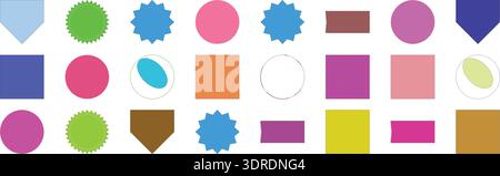 Un assortiment de formes géométriques multicolores vibrantes : cercles, carrés, boucliers et étoiles, disposés sur un fond blanc. Illustration de Vecteur