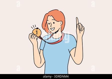 Femme avec la médaille pour la première place a remporté la compétition sportive et est fière de trophée pointant le doigt vers le haut Banque D'Images