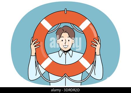 Business MAN Holds LifeLine offrant aide et services de gestion de crise aux entreprises en faillite. Guy Manager de grandes entreprises prend soin de la sécurité Banque D'Images