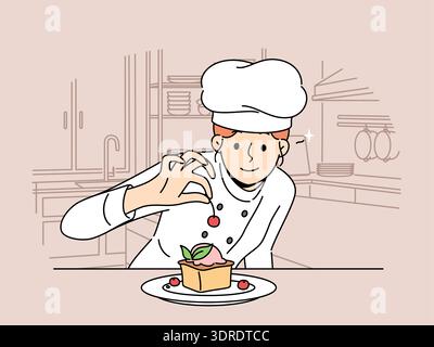 Femme chef pâtissier prépare un gâteau dessert avec des baies fraîches debout dans le restaurant de cuisine ou la boulangerie Banque D'Images