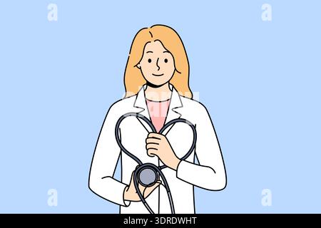 Femme médecin avec stéthoscope dans les mains, exhortant à subir un examen médical préventif en clinique Banque D'Images