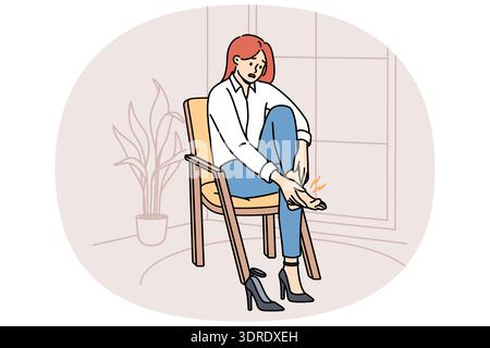 Une femme avec des varices ressent des douleurs dans les jambes en raison de chaussures à talons hauts inconfortables Banque D'Images