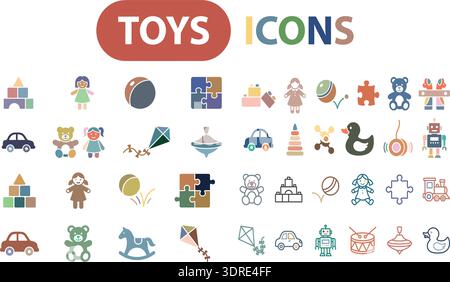 Jeux d'icônes colorés de jouets avec poupées, voitures, Puzzle et symboles de jeu pour enfants Illustration de Vecteur