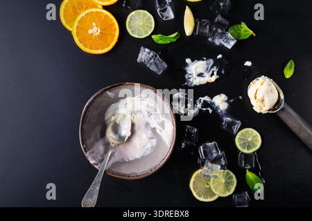 Crème glacée et agrumes sur une surface sombre avec glace fondante et feuilles de menthe fraîches Banque D'Images