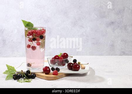 Eau aromatisée aux fruits Detox sur un fond clair. Cocktail de limonade maison rafraîchissant en été. Jus de fruits et ingrédients, wei Banque D'Images
