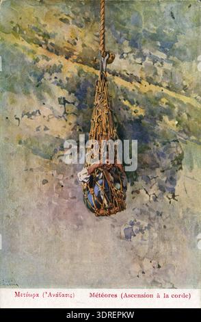 Cette carte postale reproduit la peinture d'Angelos Giallinas 'Météores (montant)', créée vers 1910. Il représente les formations rocheuses des Météores en Grèce, montrant des falaises abruptes et des monastères au sommet des piliers. L'œuvre met en évidence les caractéristiques géologiques naturelles, la verticalité du paysage et l'architecture monastique de la tradition orthodoxe, créée par l'homme. Publiée par Aspiotis, la carte postale capture l'interaction entre le terrain rocheux accidenté et les monastères historiques, illustrant l'importance culturelle et religieuse du grec du début du XXe siècle Banque D'Images