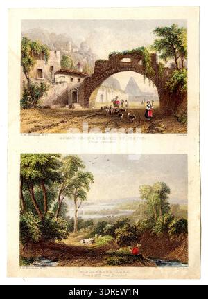 Chromolithographie, vers 1830-1896, montrant deux images : arc romain et pyramide de Cestus au Monte Averetino, avec des chèvres et des personnages passant sous une arche envahie par la végétation ; la deuxième image représente le lac Windermere depuis une colline près de Trousbeek, figure assise observant le lac, moutons au repos. Illustre la représentation de paysages du XIXe siècle, les ruines architecturales, la topographie, les figures humaines et animales et la technique chromolithographique en Europe. 1830-1896, Chromolithograph. Banque D'Images