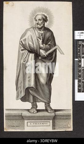 Cette gravure réalisée vers 1646–1650 par Pieter Clouwet, publiée par Cornelis Galle I, représente St Jude debout sur un piédestal portant son titre. Il fait face vers l'avant mais regarde à gauche et tient la règle d'un charpentier. Faisant partie d'une série de quinze planches illustrant treize Apôtres, le Christ et la Vierge Marie d'après Pierre Paul Rubens, l'estampe démontre la composition baroque, l'iconographie religieuse, les techniques de gravure européennes du XVIIe siècle et le modelage de figures, mettant l'accent sur les détails dévotionnels et artistiques. Banque D'Images