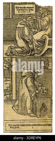 Cette feuille gravée sur bois du XVIe siècle contient deux scènes : ci-dessous, un moine prépare du poison pour le donner au roi Jean ; ci-dessus, le moine est absous après empoisonnement. Conçu pour les « actes et monuments » de John Foxe (« Livre des martyrs »), il met l'accent sur la trahison religieuse, la tromperie, les figures cléricales et la séquence narrative. Rendu avec un travail au trait, des gestes expressifs et une composition dramatique, il démontre les techniques de gravure sur bois, la narration historique et les pratiques d'illustration de livres du XVIe siècle. Banque D'Images