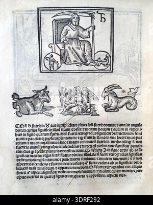 De magnis coniunctionibus et annorum revolutionibus, écrit par Albumasar et traduit de l'arabe par Joannes Hispalensis, est un traité astronomique publié en 1515 à Venise par Melchior Sessa. L'ouvrage traite des conjonctions planétaires, des révolutions annuelles et des mouvements célestes. Il combine des illustrations gravées sur bois avec du texte typographique, reflétant les approches européennes du début du XVIe siècle de l'astronomie, la publication scientifique et la transmission des connaissances astronomiques arabes dans l'Europe de la Renaissance. Banque D'Images