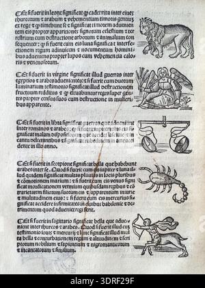 L'ouvrage de magnis coniunctionibus et annorum revolutionibus d'Albumasar (1515), traduit de l'arabe par Joannes Hispalensis et publié par Melchior Sessa à Venise, est un traité astronomique en huit sections. Couvre les conjonctions planétaires, les positions du zodiaque et les cycles célestes annuels. Comprend des illustrations gravées sur bois de planètes, d'étoiles et de cartes astrologiques, imprimées avec une typographie, illustrant l'impression scientifique européenne du début du XVIe siècle, l'observation astronomique et la diffusion des connaissances. Banque D'Images