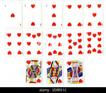 Cette chromolithographie de 1888 représente un paquet complet de 52 cartes à jouer à double extrémité, une carte portrait et quatre cartes vierges. Les dos sont imprimés avec les armoiries de la Worshipful Company of Makers of Playing Cards, reflétant l'héraldique organisationnelle. L'ensemble illustre la conception, les techniques d'impression, l'application des couleurs et la mise en page standard des cartes à jouer anglaises de la fin du XIXe siècle, montrant les symboles de costume, les cartes de visage, l'arrangement numérique et le design décoratif du dos. Banque D'Images