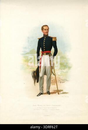 Cette chromolithographie de 1844 représente José Maria da Silva Paranhos, âgé de vingt-cinq ans, debout sur toute la longueur dans un paysage portant un uniforme militaire et regardant vers la droite. Le portrait est rendu sous forme de vignette et démontre la chromolithographie du milieu du XIXe siècle, le portrait figuratif, la composition du paysage, le rendu tonal, les détails uniformes, perspective et technique d'impression commerciale. Banque D'Images