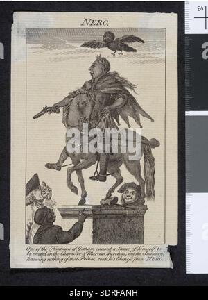 La gravure anglaise « Nero », datant de 1760 à 1780, est une satire représentant le roi George III comme un empereur romain à cheval. Le cheval pivote un bonnet de liberté tandis que le roi tient un pistolet dans sa main droite. Au-dessus, un hibou vole, symbolisant la sagesse, et trois hommes se tiennent autour du piédestal aux pieds du cheval. L'estampe illustre la satire politique, le costume, le geste, la représentation équestre, l'iconographie classique, et techniques de gravure du xviiie siècle. Banque D'Images