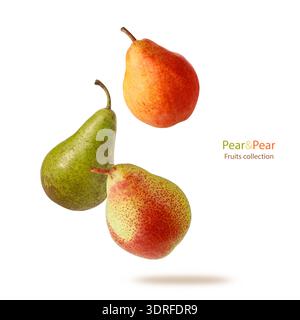 Trois variétés différentes de poires entières fraîches mûres volantes isolées sur un fond blanc. Fruits verts, rouges et jaunes tombant. Banque D'Images