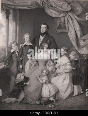 Cette lithographie de la fin des années 1830 d'Alphonse Léon Noël représente Léopold Ier, grand-duc de Bade, et la princesse Sophie de Suède avec leurs six enfants. Les figures centrales sont flanquées de Louis II, Friedrich I, Guillaume, Marie, Alexandrine, et Karl. Le fond montre un intérieur avec un portrait de Karl Friedrich, père du Grand-Duc. La lithographie reflète le portrait royal européen, la représentation familiale et les techniques artistiques et d'impression du XIXe siècle en Allemagne. Banque D'Images