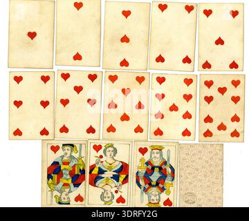 Cet ensemble chromolithographe et gravure colorée à la main vers 1800–1868 montre un pack complet de 52 cartes à jouer à double extrémité provenant de trois packs différents. Le roi et la reine de trèfle et le roi de pique sont des gravures colorées à la main ; les dos sont principalement roses avec des étoiles et des lignes de serpentin pointillées, sauf le 8 de pique, imprimé en bleu. Le pack illustre la conception de cartes du XIXe siècle, les techniques d'impression, la décoration visuelle et l'utilisation de la gravure et de la chromolithographie dans la fabrication de cartes à jouer. Banque D'Images