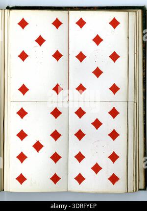 Lot complet de 52 cartes à jouer à double extrémité, monté dans un livre au British Museum, vers 1850-1875. Chaque page contient quatre cartes collées en place. Les cartes sont des chromolithographes avec des embellissements dorés, avec des dos roses comme décrit par Willshire. Le jeu comprend des costumes standard et des rangs utilisés dans les cartes à jouer anglaises du milieu du XIXe siècle. Cet ensemble représente l'impression décorative, l'illustration et les techniques de conception de cartes de l'époque, combinant l'impression couleur avec des éléments métalliques. Banque D'Images