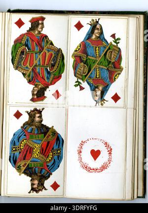 Lot complet de 52 cartes à jouer à double extrémité, monté dans un livre au British Museum, vers 1850-1875. Chaque page contient quatre cartes collées en place. Les cartes sont des chromolithographes avec des embellissements dorés et des dos roses selon Willshire. Ils présentent des costumes standard et des rangs de cartes à jouer anglaises du milieu du XIXe siècle. L'ensemble démontre l'impression décorative, l'illustration en couleur et les techniques d'amélioration métallique utilisées dans les jeux de cartes à collectionner. Banque D'Images