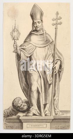 Cette gravure datée vers 1640-1670 d'après Peter Paul Rubens, par Pieter Clouwet, représente St Norbert debout sur un piédestal vêtu d'habit épiscopal, tenant une croix et un calice. Un homme est allongé à ses pieds. L'œuvre démontre les techniques de gravure du milieu du XVIIe siècle, l'iconographie religieuse, l'attention portée aux vêtements, la composition de figures et le style artistique flamand dans la représentation ecclésiastique. Banque D'Images