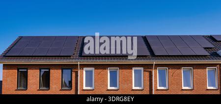 Maisons modernes avec panneaux solaires contre un ciel bleu vif dans un quartier animé Banque D'Images
