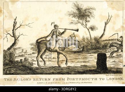 Cette gravure de 1772 de Charles Bretherton montre un marin assis sur un cheval minable le long d'une route de campagne de Portsmouth à Londres. Il tient la queue du cheval dans une main et souffle une longue corne de l'autre. Le cheval est attelé avec des cordes et des poulies, une corde-échelle remplace l'étrier, et une bobine de corde avec une ancre est autour de son cou. Des drapeaux apparaissent sur le cheval et le marin. Deux chevaux avec un postilion entrent par la droite, illustrant les voyages maritimes du XVIIIe siècle, le personnel naval, les routes rurales et l'humour visuel. Banque D'Images