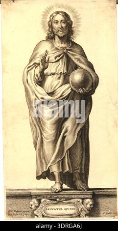 Cette gravure d'environ 1646-1650, 'Salvator Mundi', d'après Peter Paul Rubens, représente Christ sur un piédestal tenant un globe et levant sa main droite en bénédiction. L'estampe fait partie d'une série de quinze planches dont treize Apôtres et la Vierge Marie. Démontre les techniques de gravure nord-européennes du XVIIe siècle, la composition religieuse, la représentation de la figure frontale, le geste symbolique, l'iconographie, et la disposition spatiale à l'intérieur de la plaque. Banque D'Images
