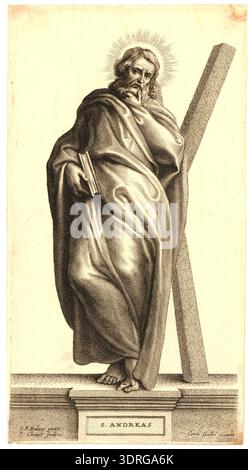 Cette gravure vers 1646-1650 représente St Andrew debout sur un piédestal portant le titre, en vue frontale regardant méditativement le spectateur, tenant un livre et appuyé contre une croix. Partie d'une série de quinze planches montrant treize Apôtres, Christ et la Vierge Marie, d'après Pierre Paul Rubens. L'estampe illustre la gravure flamande du XVIIe siècle, l'iconographie religieuse, la composition des figures, la posture et la représentation dévotionnelle. Banque D'Images